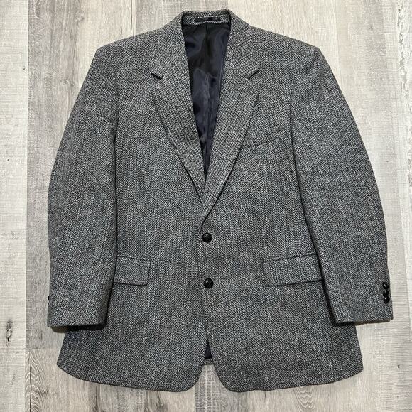 Harris Tweed VTG 80s Mens Blazer Greyish Blue Wool 2 Button England Mens 42S - Picture 1 of 6